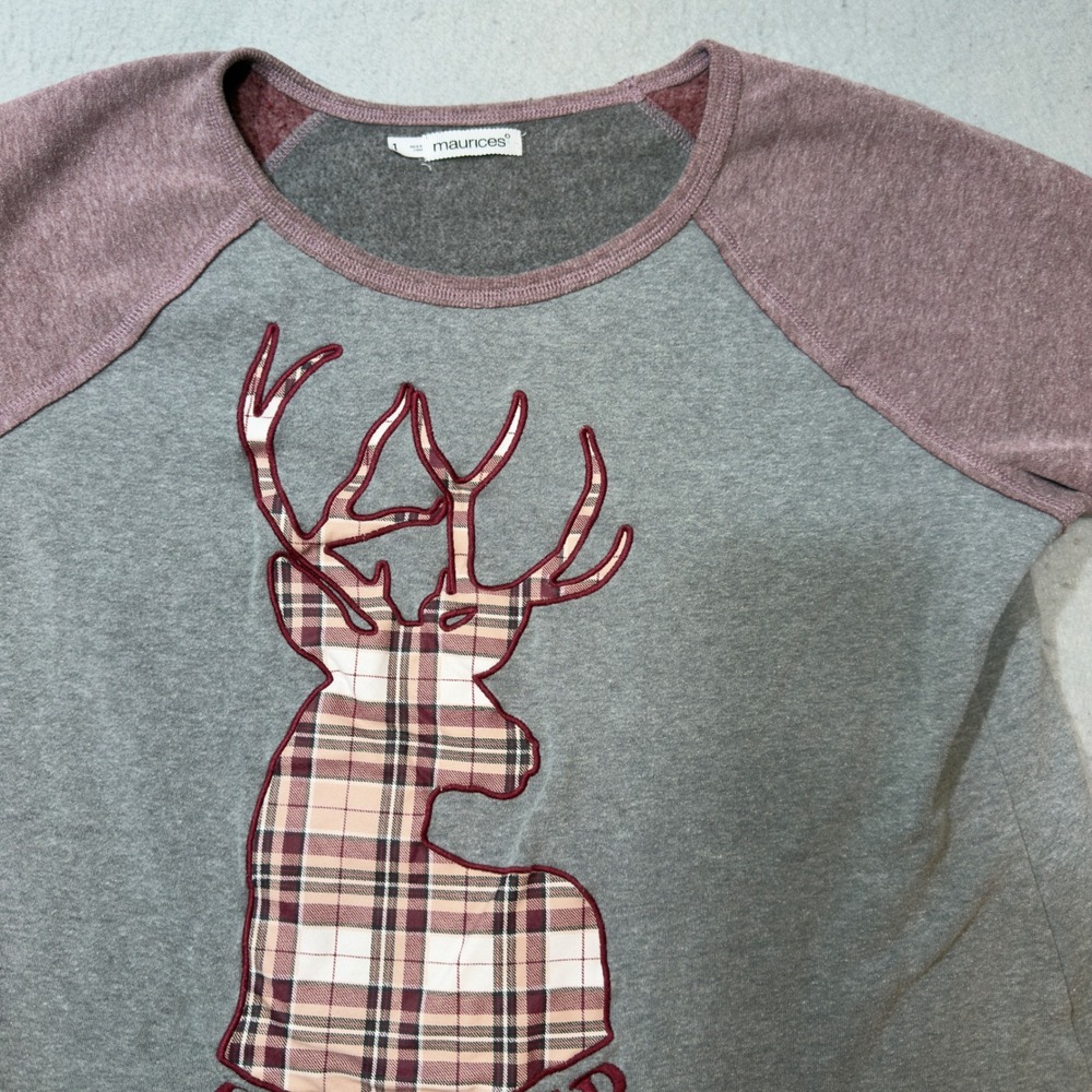 Maurices Sweatshirt Womens 1 Gray Good Plaid Deer Oh Deer Raglan Pullover